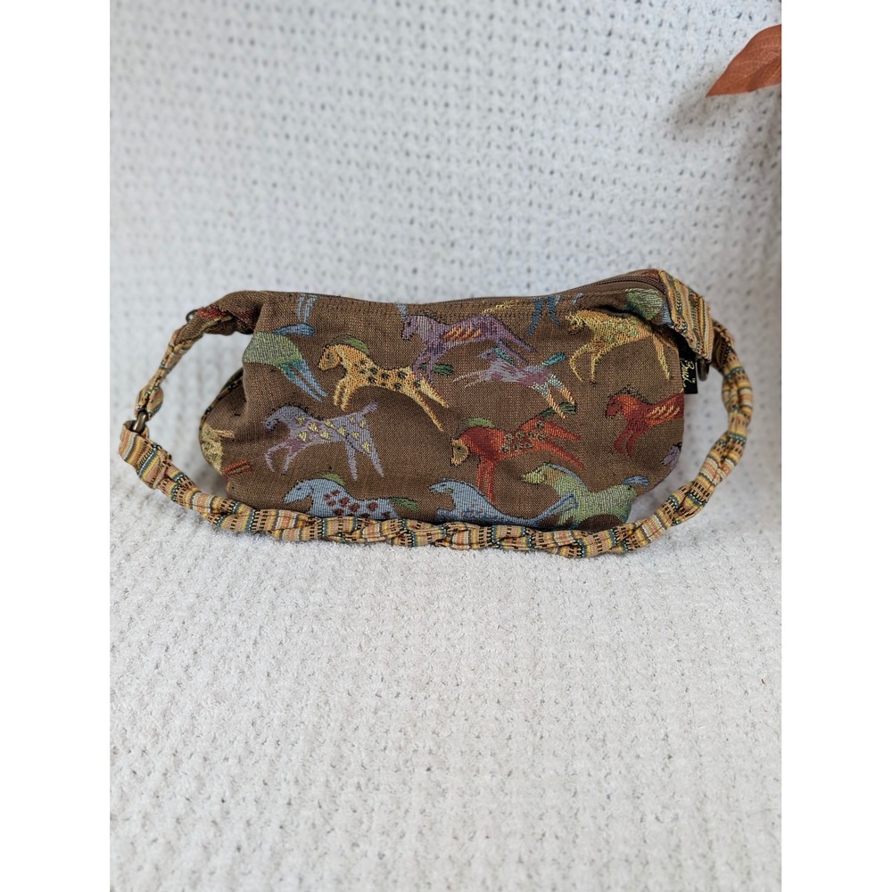 Laurel Burch Brown Tapestry Horse Shoulder Bag Woven Cotton Hobo Art to wear